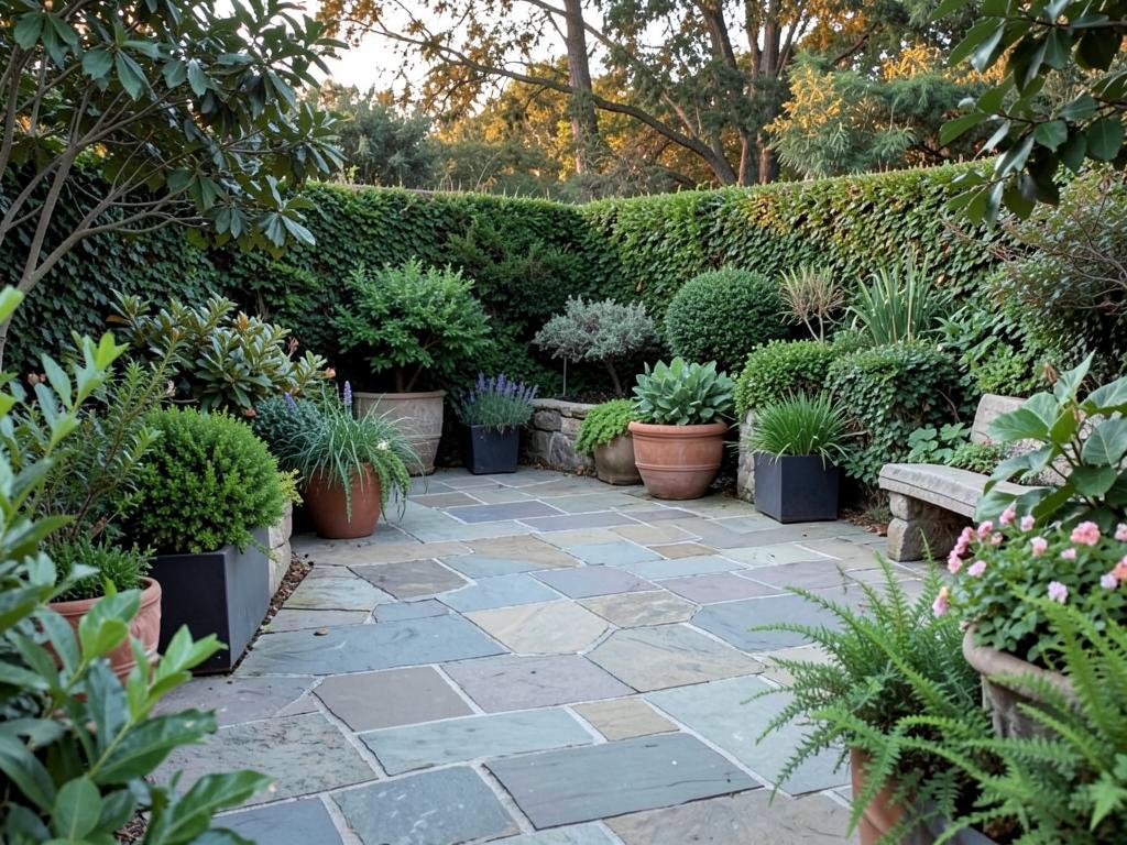 Concept image of a stone patio outdoor living area surrounded by planters and greenery