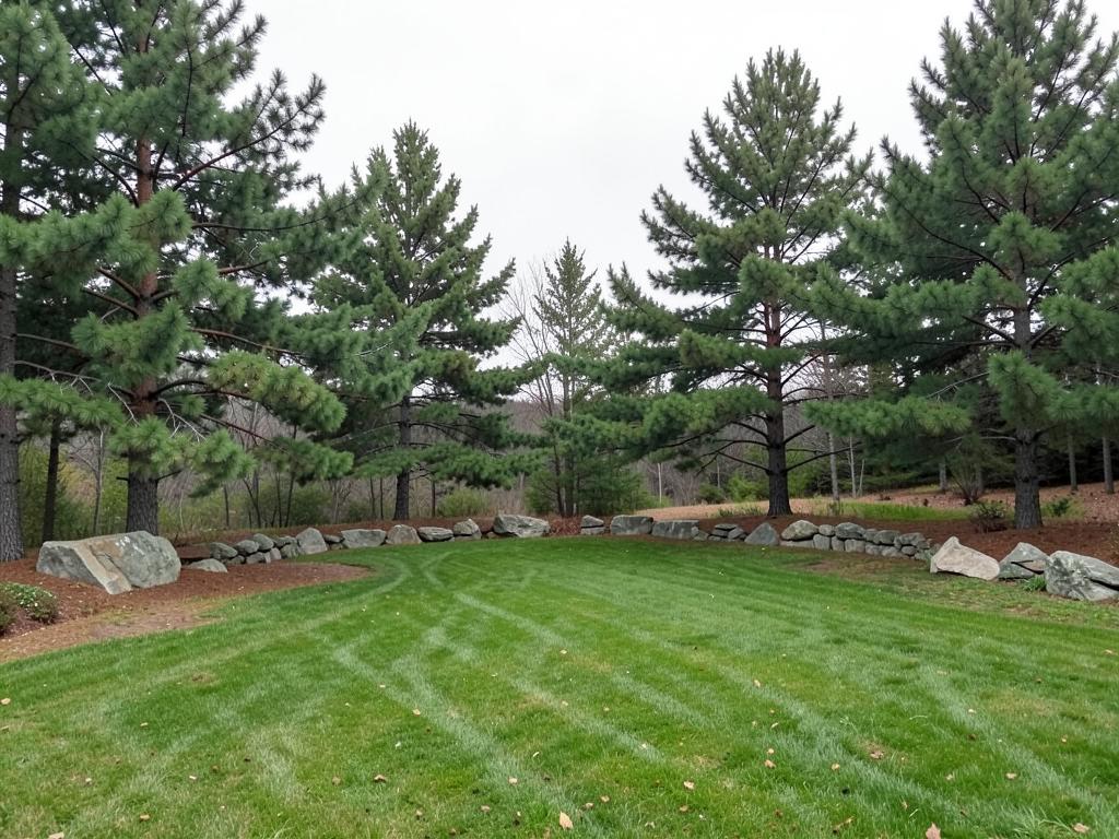 Concept image of an open lawn with pine trees and natural stone accents in a northern setting
