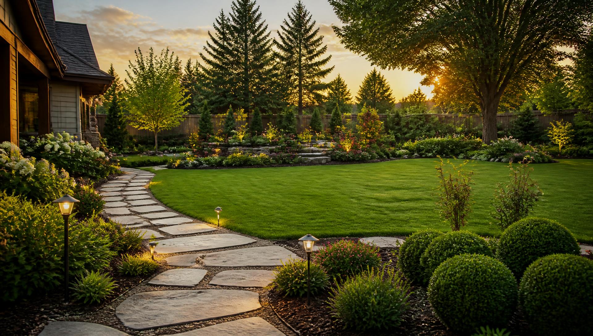 Landscaped backyard with a stone pathway, garden beds and a green lawn at sunset